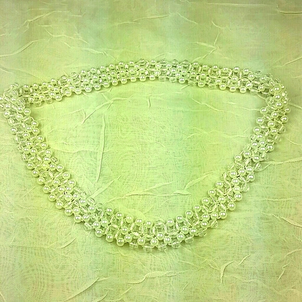 Pearlized Crystal Bead Choker Necklace White Woven Statement Bridal Glam